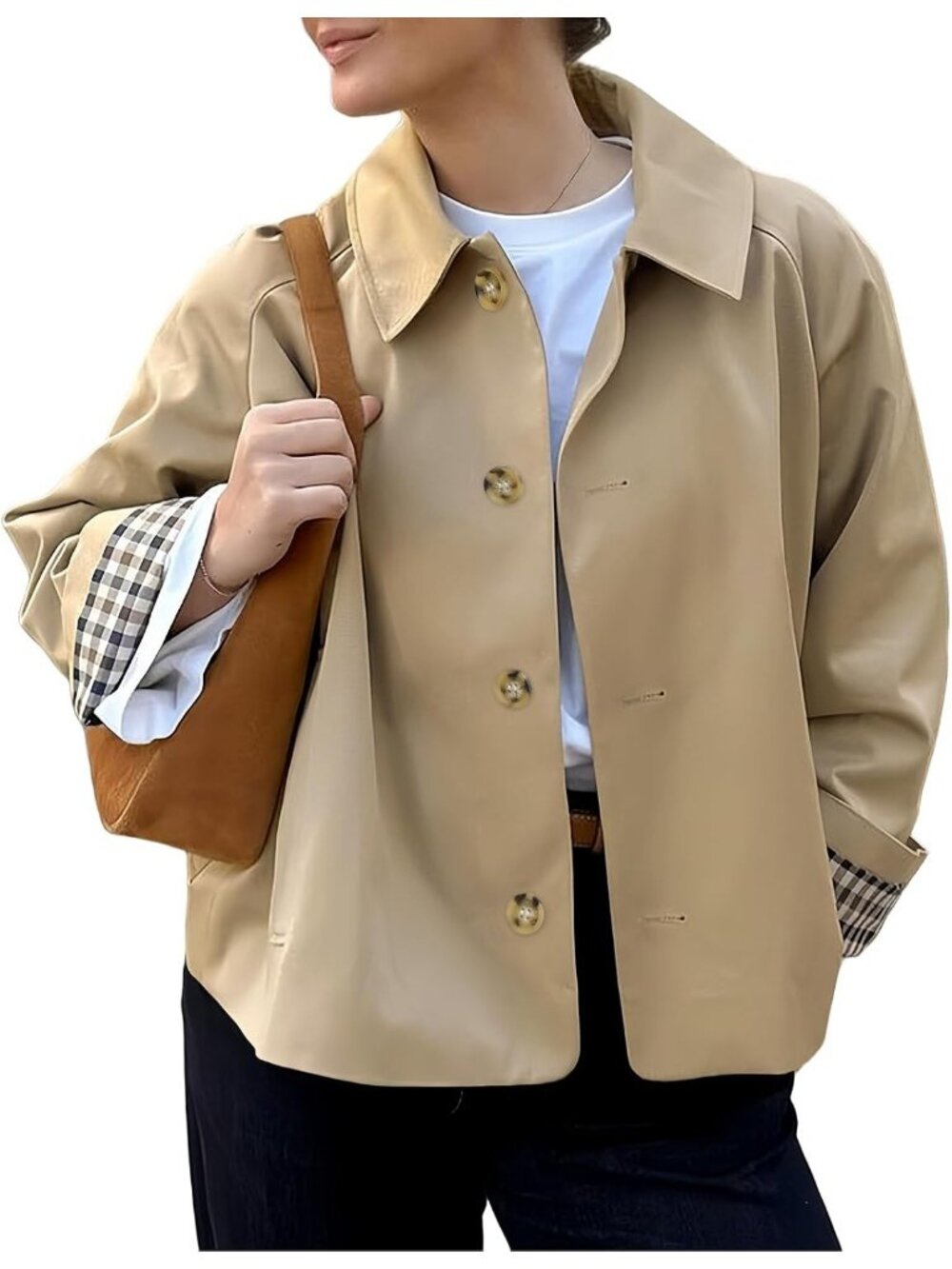 Women Camal Cropped Single Breasted Button Front Plaid Cuff Lining Trench Coat
